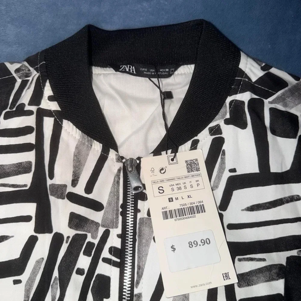 Black and white abstract brushstroke print bomber jacket